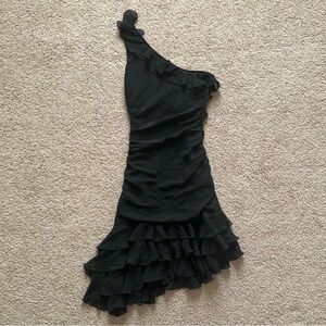 Express 100% Silk Black One Shoulder Cocktail Dress Womens Size 2 Whimsigoth Y2K